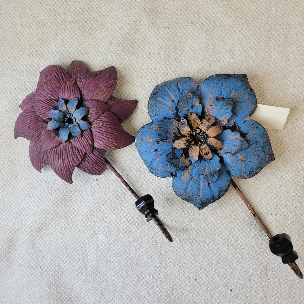 Vintage Floral Metal Wall Hooks - Blue and Purple Bundle Of 2 Hooks